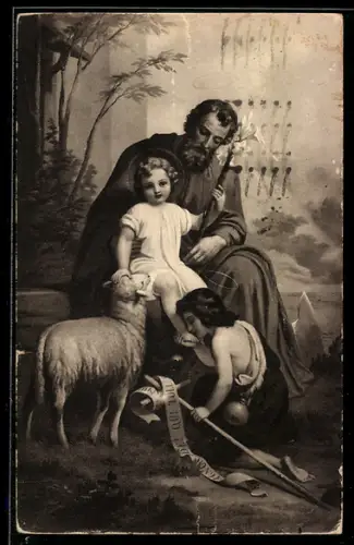AK S. Joseph, der Vater mit dem Christkind u. einem Lamm