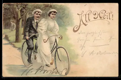 Lithographie Frau und Herr in Fahrt mit Tandem-Fahrrad bei Fahrt durch Wald