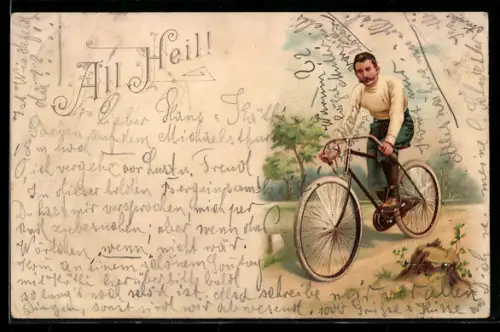 Lithographie Junger Mann mit Fahrrad bei Fahrt durch Parklandschaft