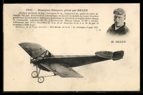 AK Französisches Eindecker-Flugzeug Nieuport, Pilot M. Helen