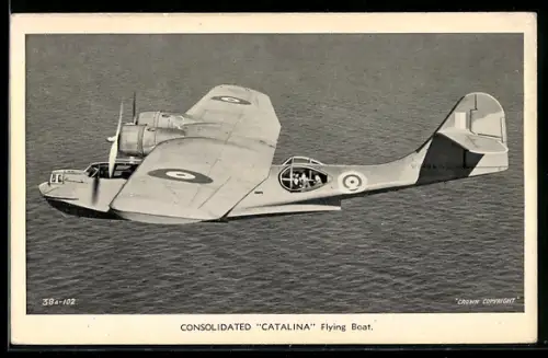 AK Britisches Consolidated Catalina Flugboot im Fluge, Wasserflugzeug