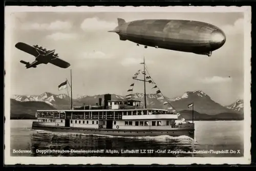 AK Luftschiff LZ-127 Graf Zeppelin über dem Bodensee, Motorschiff Allgäu und Dornier Flugboot Do-X
