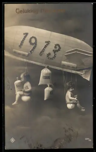 AK Zeppelin mit aufgebrachter Jahreszahl 1913 und kleinen Kindern als Fluggästen