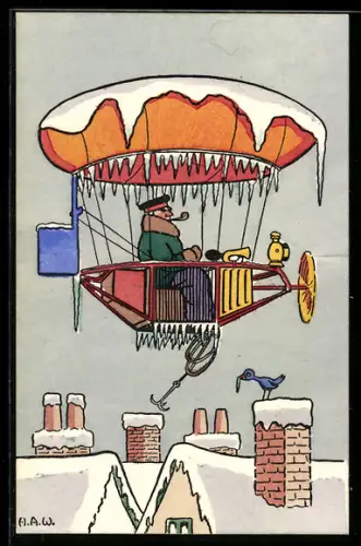 AK Zeppelin mit verschneiter Gashülle im Winter im Fluge über Wohnhäuser
