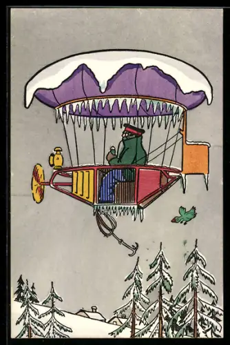 AK Zeppelin im Winter im Fluge über Nadelwald