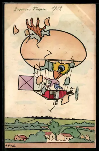 AK Zeppelin mit grossem Ei als Gashülle, Küken bricht durch die Hülle
