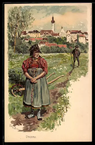 Künstler-Lithographie Fritz Bergen: Dachau, Tracht