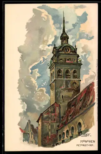 Künstler-Lithographie Gottfried Graf: München, Petersturm