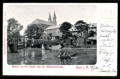 AK Hof i. B., Saalepartie mit St. Michaeliskirche