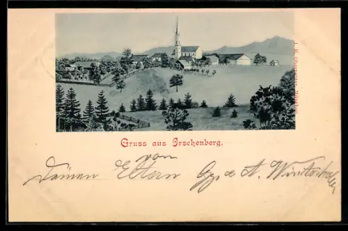 Künstler-AK Irschenberg, Ortspartie mit Kirche