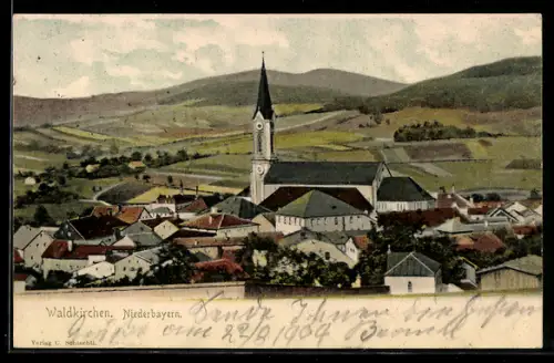 Künstler-AK Waldkirchen /Niederbayern, Teilansicht mit Kirche