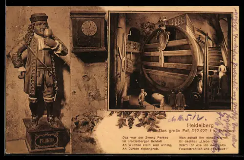 AK Heidelberg, Das grosse Fass, Zwerg Perkeo an Wanduhr, Passepartout