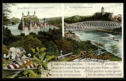 AK Giebichenstein, Burg u. Ruine mit Gedicht