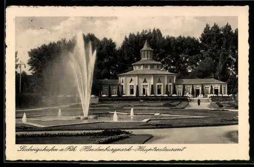 AK Ludwigshafen a. Rh., Hindenburgpark Hauptrestaurant, Springbrunnen, Deutschlandreise Wiener Lehrer-Chor 1937