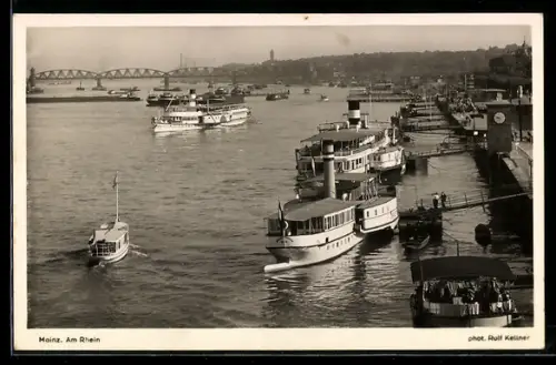 AK Mainz am Rhein, Schiffsanleger, Rheinufer, Brücke