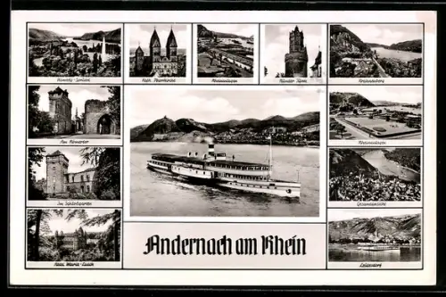 AK Andernach am Rhein, Römertor, Krahnenberg, Schlossruine, Schiff auf dem Rhein