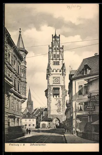 AK Freiburg i. B., Schwabentor, mit Kirche, Infotext rückseitig