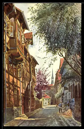 Künstler-AK Quedlinburg, Blick in den Hinteren Brühl, Andreaskirche, Fachwerkhäuser, Strassenpartie