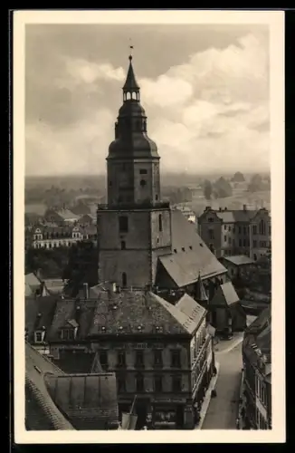 AK Döbeln, Kirche St. Nicolai aus der Vogelschau