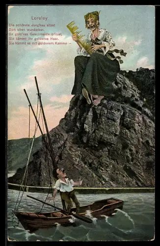 AK Loreleyfelsen, Loreley mit Kamm als Instrument, entsetzter Fischer, Karikatur