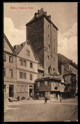 AK Mainz, Eiserner Turm mit Strassenpartie