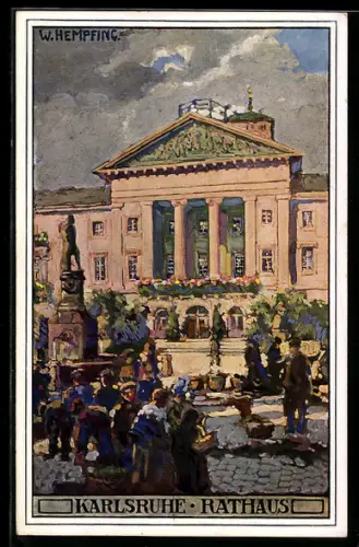 Künstler-AK sign.W. Hempfing: Karlsruhe, Denkmal vor dem Rathaus