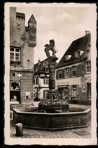 AK Offenburg i. B., Löwenbrunnen am Fischmarkt