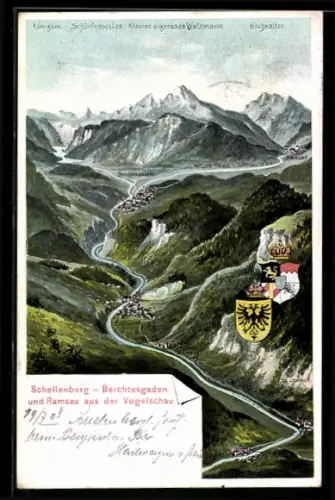 Künstler-AK Eugen Felle: Schellenberg / Berchtesgaden, Weg von Schellenberg nach Berchtesgaden, Wappen