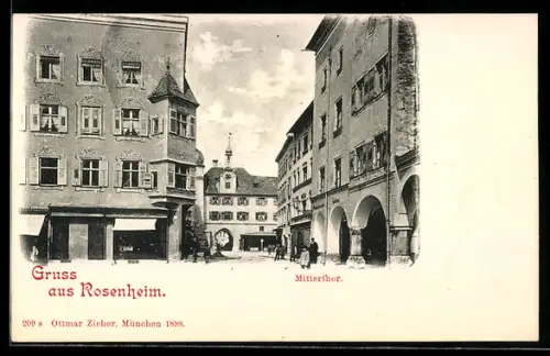 AK Rosenheim, Mittertor mit Strassenpartie