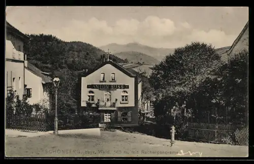 AK Schönberg /Bayr. Wald, Hotel Anton Suss mit Rachelpanorama