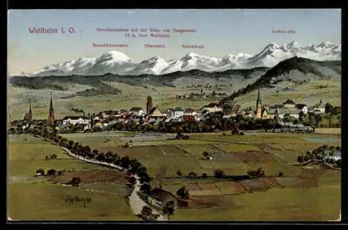 Künstler-AK Weilheim i. O., Teilansicht mit Kirche, Jocher-Alm, Glaswand und Rabenkopf
