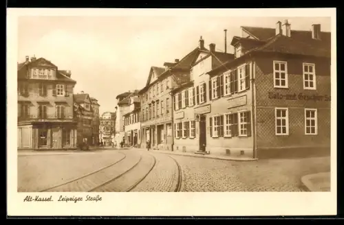 AK Kassel, Partie in der Leipziger Strasse mit Geschäften