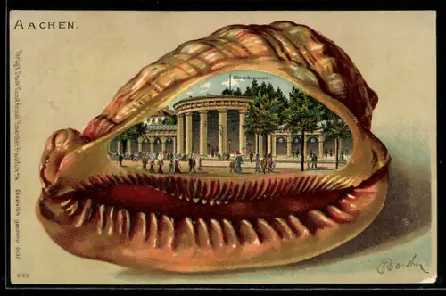 Passepartout-Lithographie Aachen, Muschel mit Partie am Elisenbrunnen