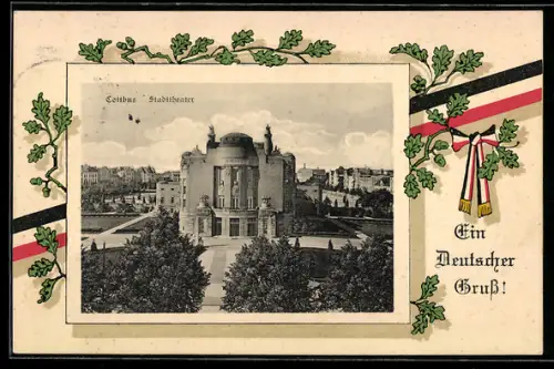 Grusskarten-AK Cottbus, Blick zum Stadttheater, Schleife in Reichsfarben