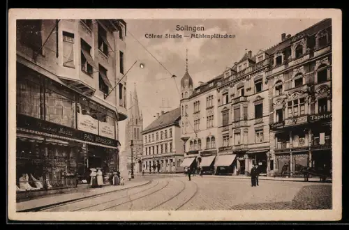 AK Solingen, Cölner Strasse am Mühlenplätzchen mit Geschäften