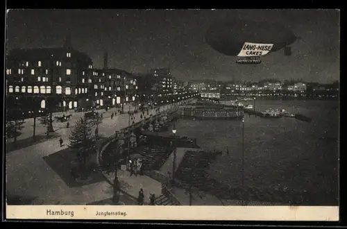 AK Hamburg-Neustadt, Jungfernstieg mit Zeppelin-Luftschiff Bei Nacht, Reklame für Lang-Nese Cakes