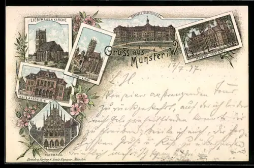 Lithographie Münster i. W., Liebfrauenkirche, Königliche Akademie, Rathaus