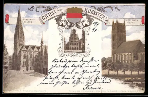 Künstler-AK Münster i. W., Rathaus, Lamberti-Kirche, Liebfrauen-Kirche
