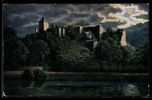 AK Halle a. S., Ruine Giebichenstein bei Nacht, Vollmond