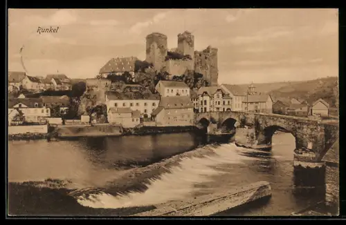 AK Runkel, Burg, Lahnbrücke, Wehr, Ortsansicht