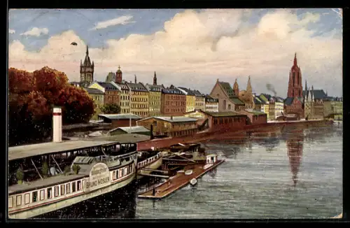 AK Alt-Frankfurt, Mainansicht am Zoll, Dampfschiff Bruno Moser, Dom