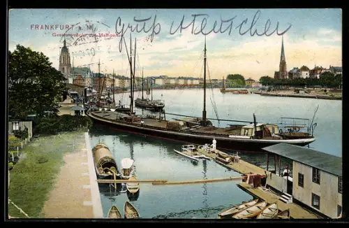 AK Alt-Frankfurt, Gesamtansicht mit Mainufer, Schiffe, Dom, Brücke