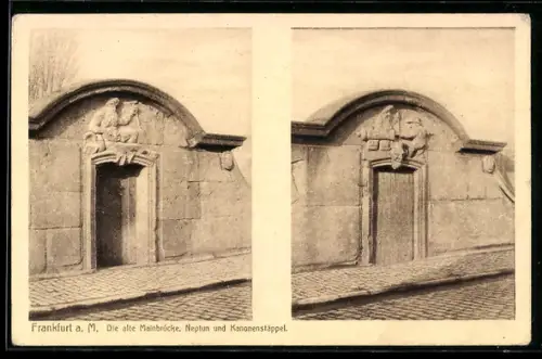 AK Frankfurt a. M., Die alte Mainbrücke, Neptun und Kanonenstäppel