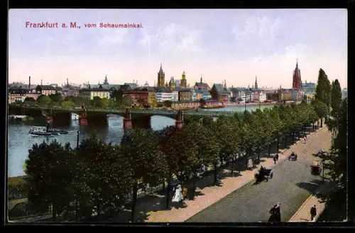 AK Frankfurt-Sachsenhausen, Blick vom Schaumainkai auf Main und Skyline