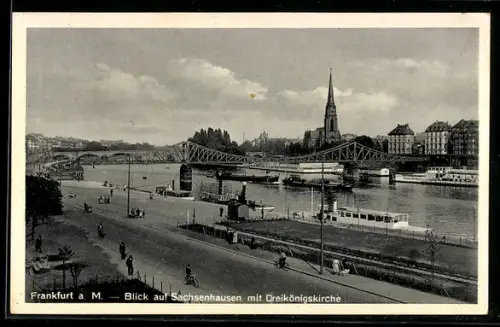 AK Frankfurt a. M., Blick auf Sachsenhausen, Dreikönigskirche, Brücke, Mainufer