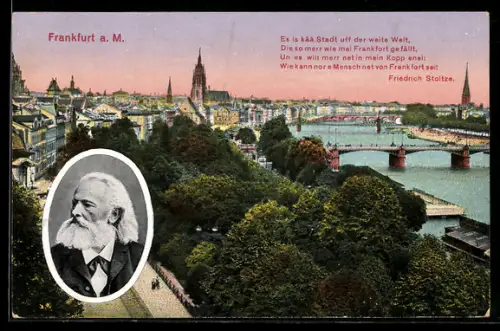AK Alt-Frankfurt, Stadtansicht mit Main, Dom und Porträt Friedrich Stoltze
