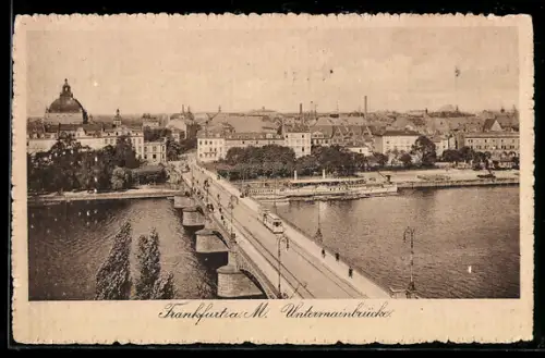 AK Frankfurt a. M., Untermainbrücke mit Stadtpanorama aus der Vogelschau