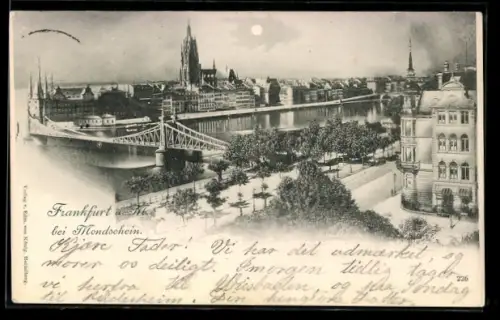 AK Alt-Frankfurt, Frankfurt bei Mondschein, Brücke, Dom, Flussufer