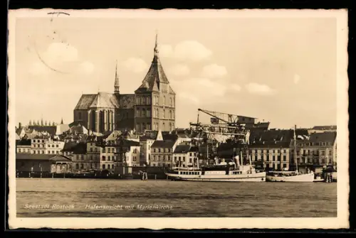 AK Rostock, Hafenansicht mit Marienkirche
