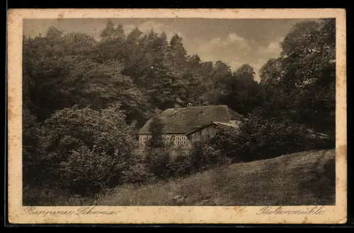 AK Boltenmühle /Ruppiner Schweiz, Gebäudeansicht mit Wald